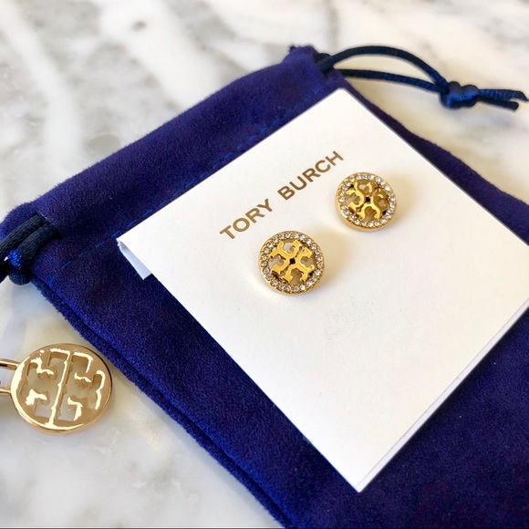 Tory Burch Gold Crystal Logo Circle Stud Earrings - Picture 3 of 6
